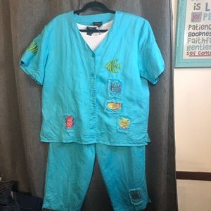 Woman’s Y2k tropical cotton blue & white lounge spring vacation three piece set